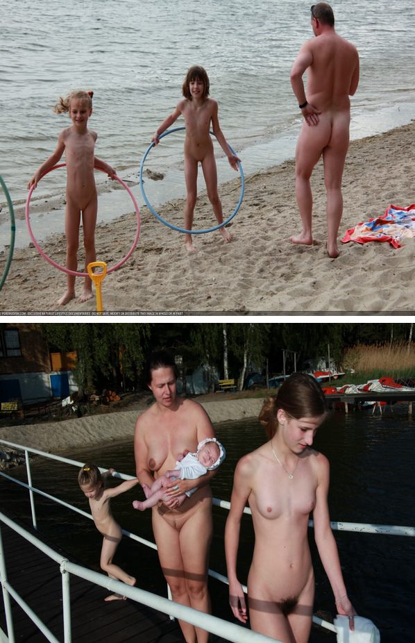 Family nudism of a photo - mother and the daughter nudists on the lake [Bodyart Collection]