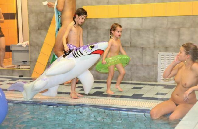 Family nudism of a photo - adults and young nudists in the pool [Bodyart Collection]